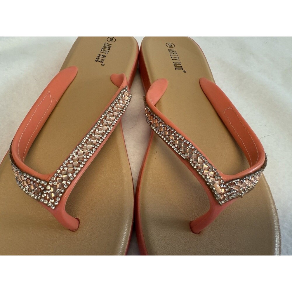 Womens Ashley Blue Salmon Beaded Rhinestones Jellies Flip Flops Sandals Sz 9 - Picture 4 of 12